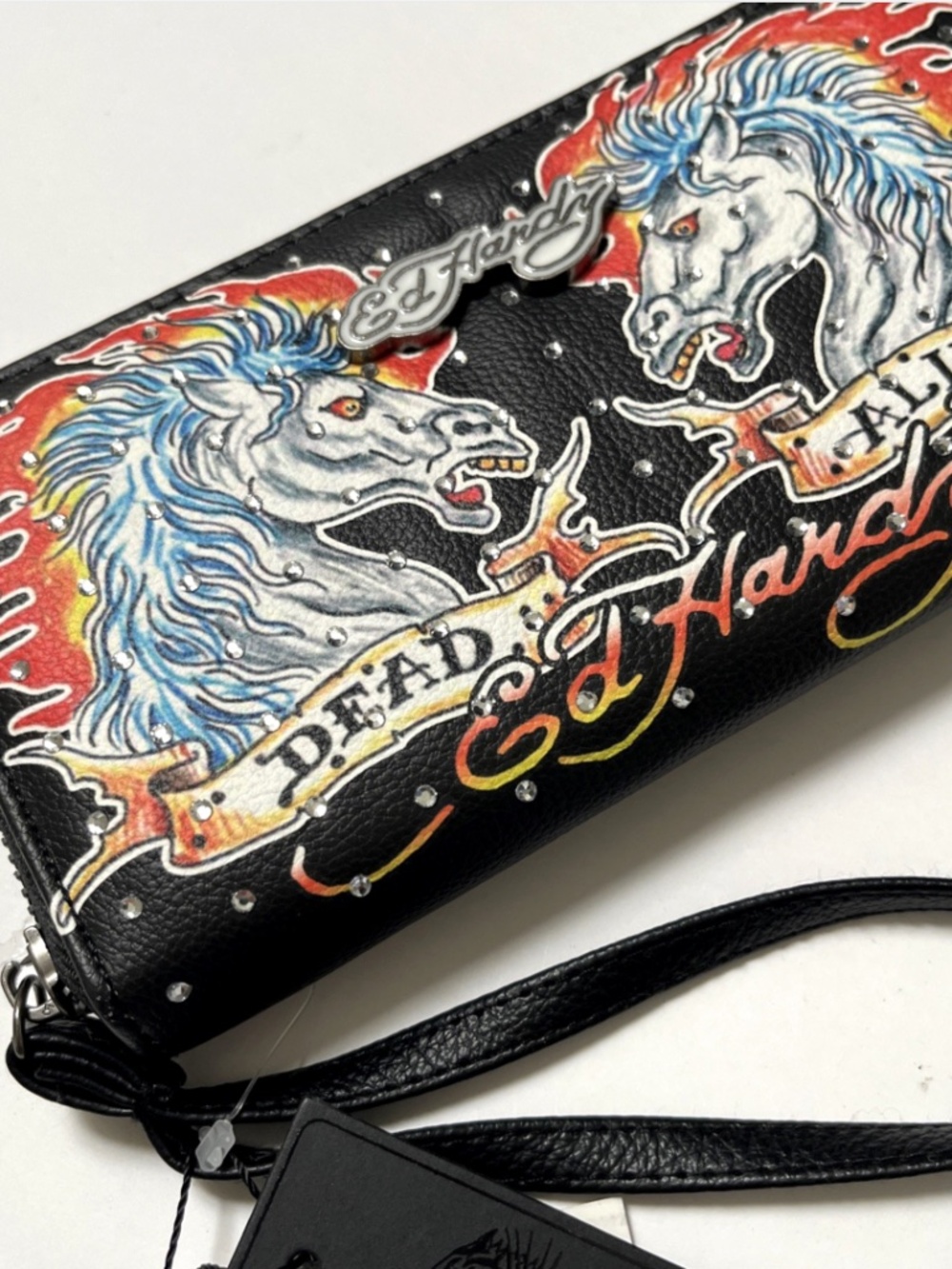 Ed Hardy Zip Around Rhinestone Wristlet Wallet Horses Black Dead Alive Y2K Zip